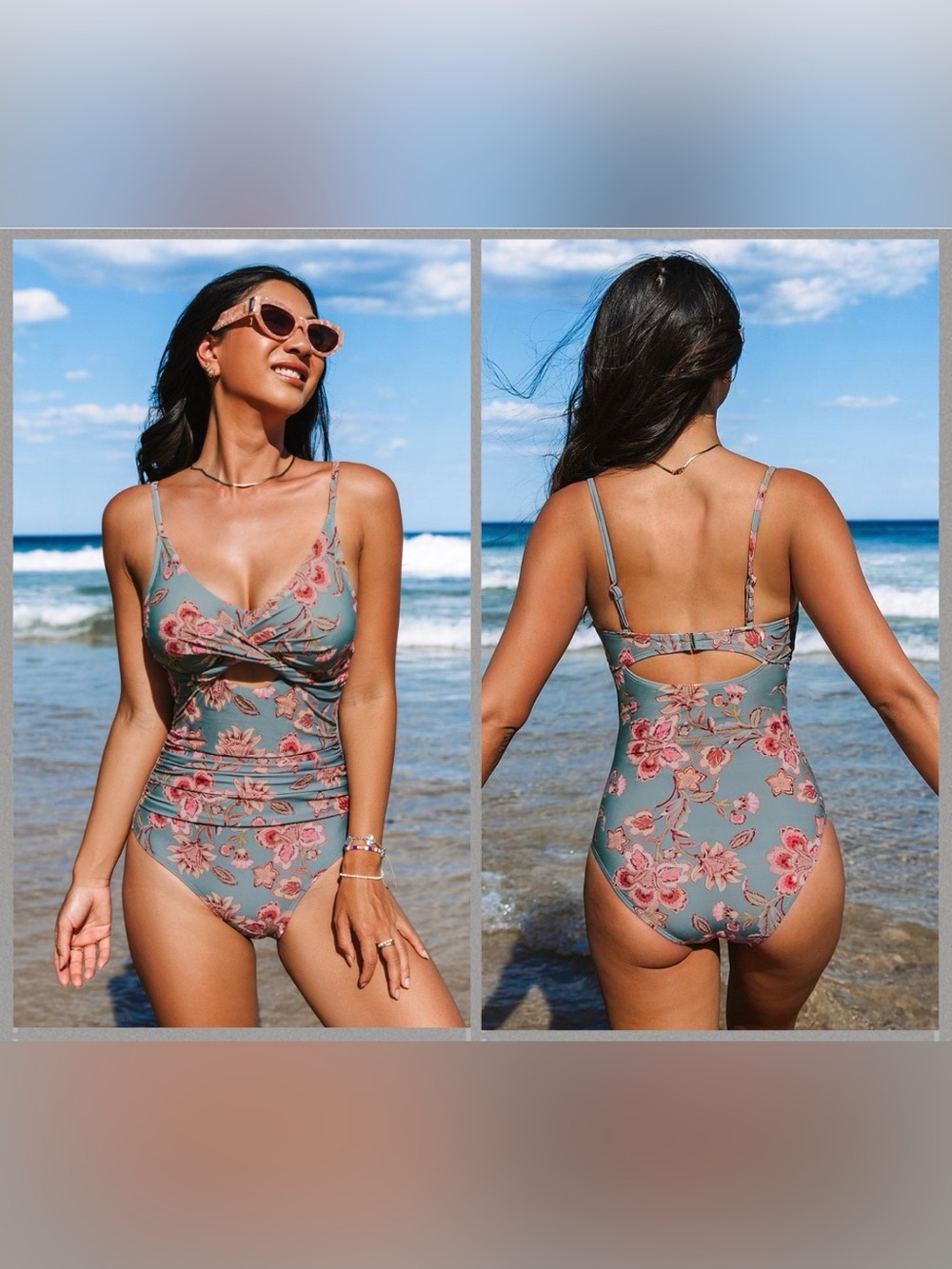 Floral One-Piece Swimsuit in grey background with Pink Flowers